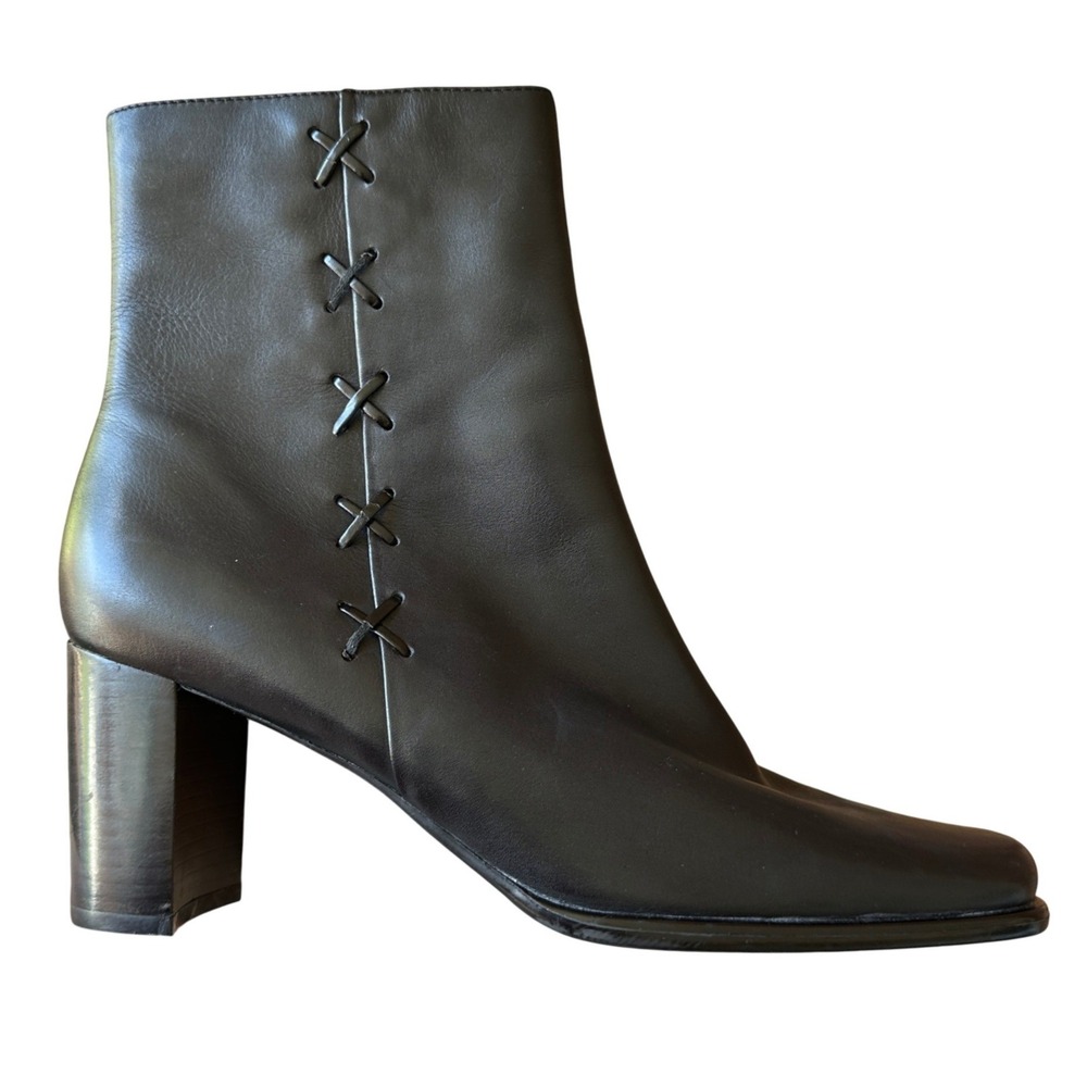 Black Leather Square Toe Block Heel Ankle Boots Size 10M Witchy 90s Classy